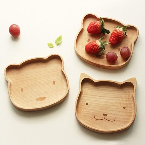  MonkeyJack Natural Handmade Wooden Kids Cat Plate Divided Dishes Animal Serving Tray - Cat