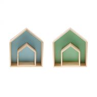 MonkeyJack 2 Sets Fantasy Floating Wall Shelf Storage Shelves Display Shelf Hut Shaped Wooden Store Little Items Dolls for Baby Nursery Room Kids Home Office Decor Blue+Green