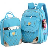 Monkibag-Kid Schoolbag Durable PU Leather 2 in 1 Cute Bowknot Style Casual Teens Girls Backpack Set Laptop Bag Primary Students Backpack Handbag Purse School Bookbag Set for Travel Daily Use Bo