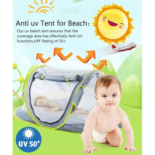  Monocho Baby Pop-up Beach Tent with Sleeping Pad and Mosquito Net, UPF 50+ Travel Bed for Newborn, Insfant, 2 Pegs + 1 Portable Bag (B)