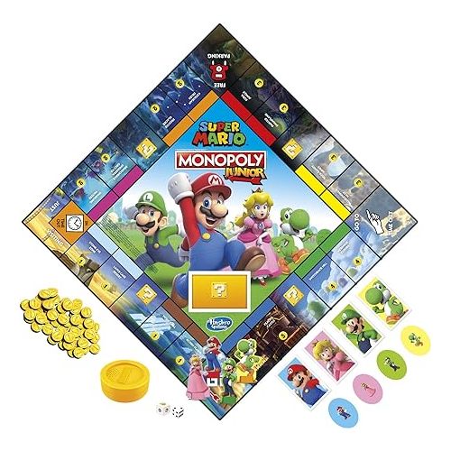 모노폴리 Monopoly Junior Super Mario Edition Board Game, Fun Kids' Ages 5 and Up, Explore The Mushroom Kingdom as Mario, Peach, Yoshi, or Luigi (Amazon Exclusive)