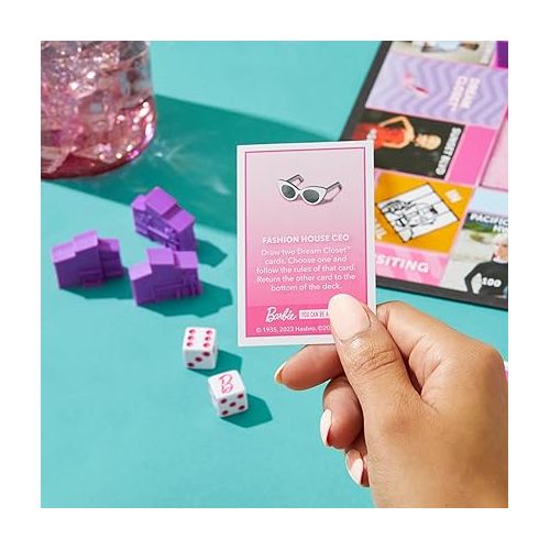 모노폴리 Monopoly: Barbie Edition Board Game, Ages 8+, 2-6 Players, Fun Family Games for Kids and Adults, with 6 Barbie-Themed Pink Zinc Tokens, Kids Gifts
