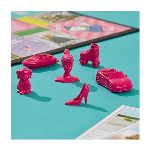 모노폴리 Monopoly: Barbie Edition Board Game, Ages 8+, 2-6 Players, Fun Family Games for Kids and Adults, with 6 Barbie-Themed Pink Zinc Tokens, Kids Gifts