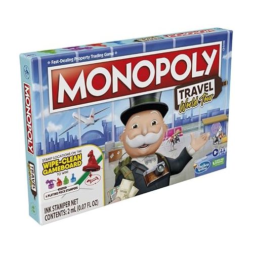 모노폴리 Hasbro Gaming Monopoly Travel World Tour Strategy Board Game for Family & Kids, Classic Gameplay with Geography Twist, Includes Dry-Erase Gameboard & Token Stampers, Ages 8+