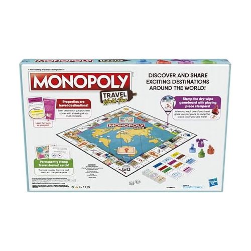 모노폴리 Hasbro Gaming Monopoly Travel World Tour Strategy Board Game for Family & Kids, Classic Gameplay with Geography Twist, Includes Dry-Erase Gameboard & Token Stampers, Ages 8+