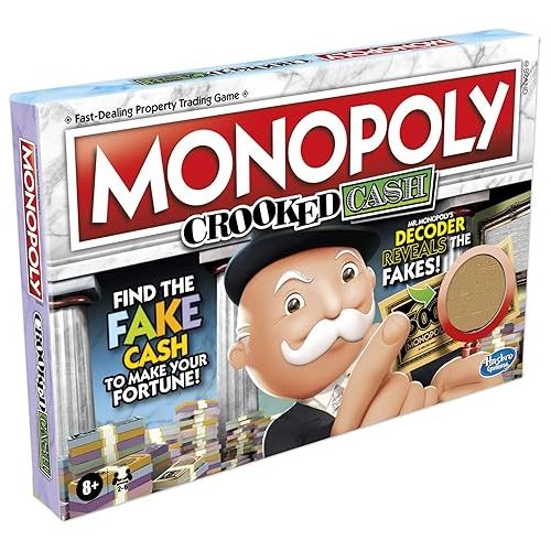 모노폴리 Monopoly Crooked Cash Board Game for Families and Kids Ages 8 and Up, Includes Mr Decoder to Find Fakes, Game for 2-6 Players