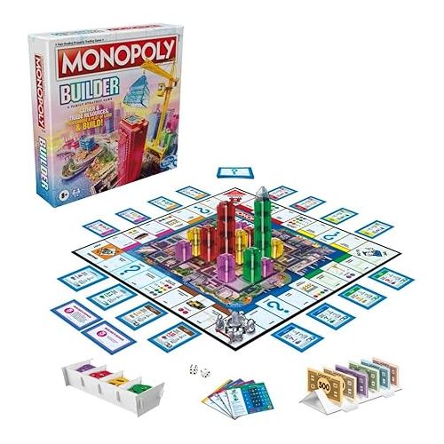 모노폴리 Monopoly Builder Board Game, Board Games for Kids and Adults, Strategy Games, Family Board Games, for Kids 8 and Up, 2-4 Players