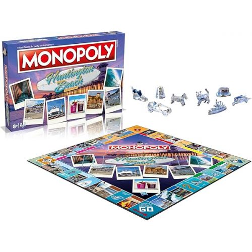 모노폴리 MONOPOLY Board Game - Huntington Beach Edition: 2-6 Players Family Board Games for Kids and Adults, Board Games for Kids 8 and up, for Kids and Adults, Ideal for Game Night