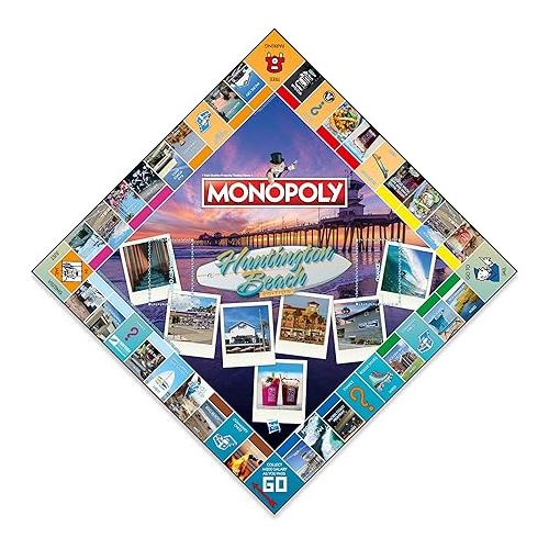 모노폴리 MONOPOLY Board Game - Huntington Beach Edition: 2-6 Players Family Board Games for Kids and Adults, Board Games for Kids 8 and up, for Kids and Adults, Ideal for Game Night