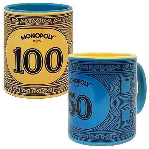 모노폴리 Monopoly Money Coffee Mug Gift Set of Two Mugs, Includes $100 Monopoly Original Yellow Mug and $50 Monopoly Vintage Blue Mug, Ceramic Monopoly Edition 12 oz Mugs, Dishwasher Safe a