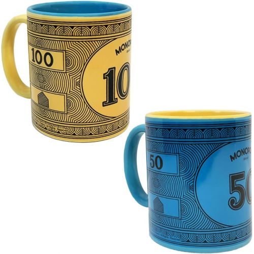 모노폴리 Monopoly Money Coffee Mug Gift Set of Two Mugs, Includes $100 Monopoly Original Yellow Mug and $50 Monopoly Vintage Blue Mug, Ceramic Monopoly Edition 12 oz Mugs, Dishwasher Safe a