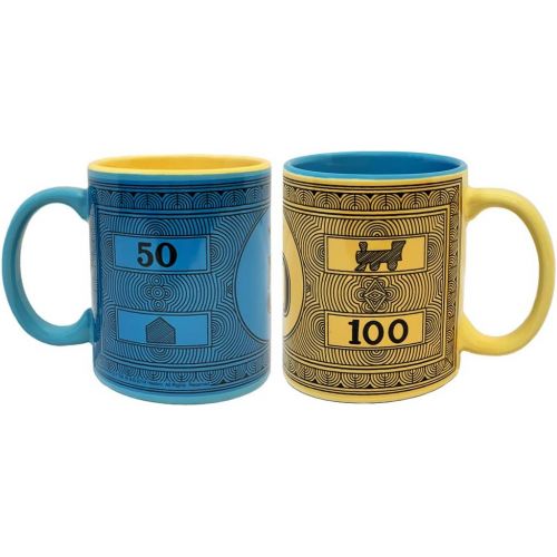 모노폴리 Monopoly Money Coffee Mug Gift Set of Two Mugs, Includes $100 Monopoly Original Yellow Mug and $50 Monopoly Vintage Blue Mug, Ceramic Monopoly Edition 12 oz Mugs, Dishwasher Safe a