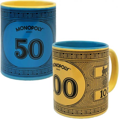 모노폴리 Monopoly Money Coffee Mug Gift Set of Two Mugs, Includes $100 Monopoly Original Yellow Mug and $50 Monopoly Vintage Blue Mug, Ceramic Monopoly Edition 12 oz Mugs, Dishwasher Safe a