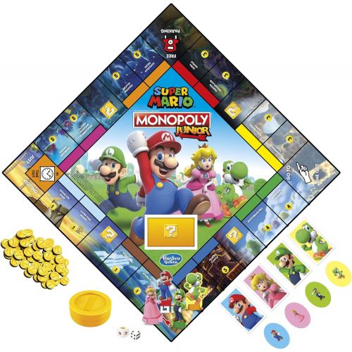 모노폴리 MONOPOLY Junior Super Mario Edition Board Game, Fun Kids Game Ages 5 and Up, Explore The Mushroom Kingdom as Mario, Peach, Yoshi, or Luigi