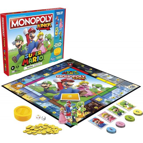 모노폴리 MONOPOLY Junior Super Mario Edition Board Game, Fun Kids Game Ages 5 and Up, Explore The Mushroom Kingdom as Mario, Peach, Yoshi, or Luigi