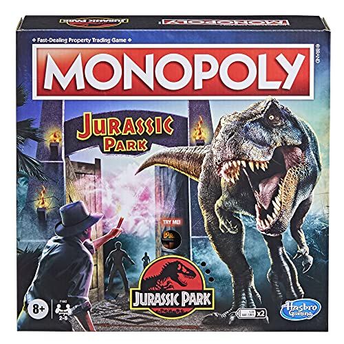 모노폴리 MONOPOLY: Jurassic Park Edition Board Game for Kids Ages 8 and Up, Includes T. Rex Token, Electronic Gate Plays SFX and Movie Theme