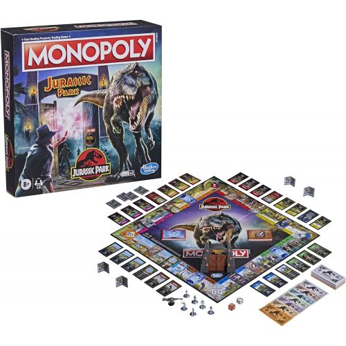 모노폴리 MONOPOLY: Jurassic Park Edition Board Game for Kids Ages 8 and Up, Includes T. Rex Token, Electronic Gate Plays SFX and Movie Theme