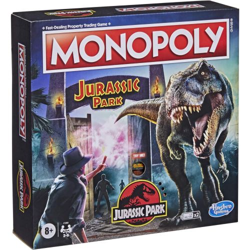 모노폴리 MONOPOLY: Jurassic Park Edition Board Game for Kids Ages 8 and Up, Includes T. Rex Token, Electronic Gate Plays SFX and Movie Theme