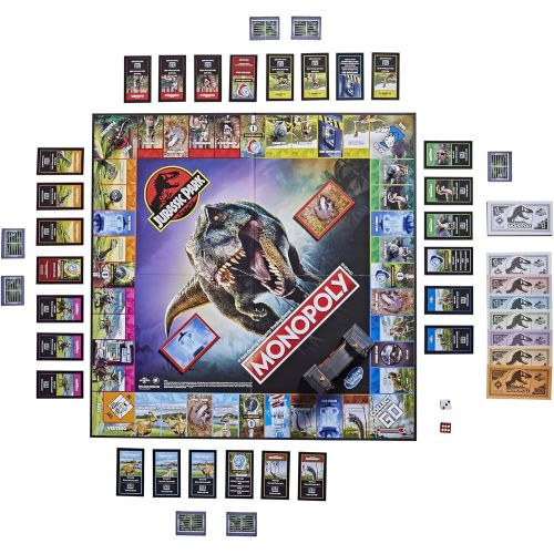 모노폴리 MONOPOLY: Jurassic Park Edition Board Game for Kids Ages 8 and Up, Includes T. Rex Token, Electronic Gate Plays SFX and Movie Theme