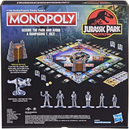 모노폴리 MONOPOLY: Jurassic Park Edition Board Game for Kids Ages 8 and Up, Includes T. Rex Token, Electronic Gate Plays SFX and Movie Theme