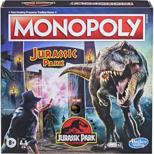 모노폴리 MONOPOLY: Jurassic Park Edition Board Game for Kids Ages 8 and Up, Includes T. Rex Token, Electronic Gate Plays SFX and Movie Theme