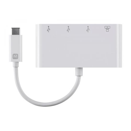  Monoprice Select Series USB-C 3-Port USB 3.0 Hub - White With 1 Gigabit Network Adapter with Ethernet Port, For MacBook Pro, ChromeBook, XPS and More