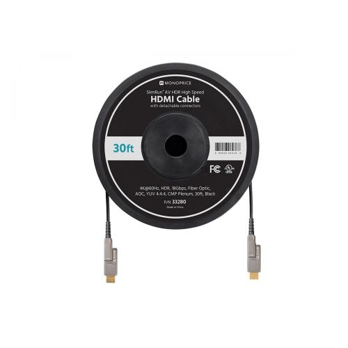  Monoprice SlimRun AV HDR High Speed HDMI Cable with Detachable Connectors - Black - 30 Feet | 4K @ 60Hz, HDR, 18Gbps, Fiber Optic, AOC, YUV 4:4:4, CMP Plenum