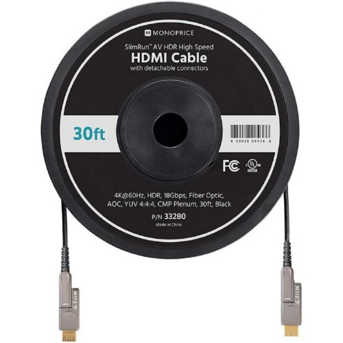  Monoprice SlimRun AV HDR High Speed HDMI Cable with Detachable Connectors - Black - 30 Feet | 4K @ 60Hz, HDR, 18Gbps, Fiber Optic, AOC, YUV 4:4:4, CMP Plenum