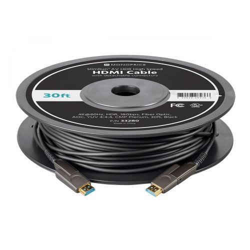  Monoprice SlimRun AV HDR High Speed HDMI Cable with Detachable Connectors - Black - 30 Feet | 4K @ 60Hz, HDR, 18Gbps, Fiber Optic, AOC, YUV 4:4:4, CMP Plenum