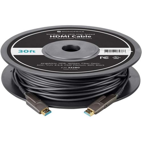  Monoprice SlimRun AV HDR High Speed HDMI Cable with Detachable Connectors - Black - 100 Feet | 4K @ 60Hz, HDR, 18Gbps, Fiber Optic, AOC, YUV 4:4:4, CMP Plenum