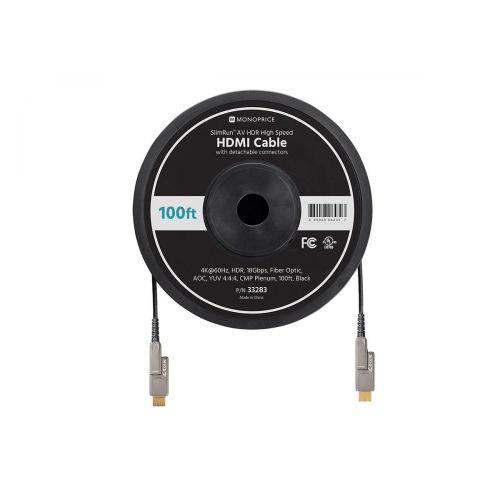  Monoprice SlimRun AV HDR High Speed HDMI Cable with Detachable Connectors - Black - 100 Feet | 4K @ 60Hz, HDR, 18Gbps, Fiber Optic, AOC, YUV 4:4:4, CMP Plenum