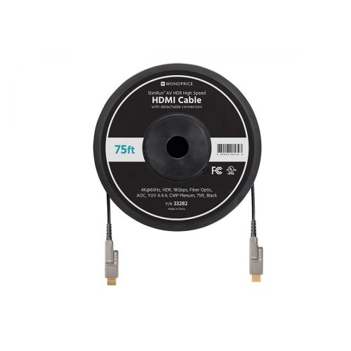  Monoprice SlimRun AV HDR High Speed HDMI Cable With Detachable Connectors - Black - 75 Feet | 4K @ 60Hz, HDR, 18Gbps, Fiber Optic, AOC, YUV 4:4:4, CMP Plenum