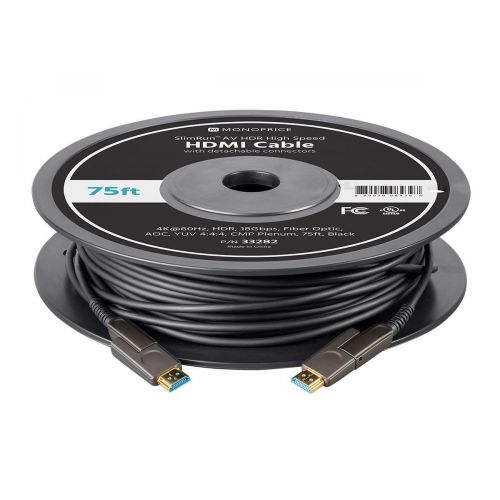  Monoprice SlimRun AV HDR High Speed HDMI Cable With Detachable Connectors - Black - 75 Feet | 4K @ 60Hz, HDR, 18Gbps, Fiber Optic, AOC, YUV 4:4:4, CMP Plenum