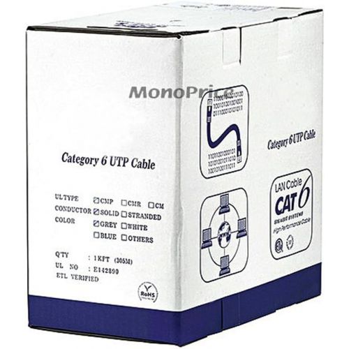  Monoprice Cat6 Ethernet Bulk Cable - Network Internet Cord - Solid, 550Mhz, UTP, CMP, Plenum, Pure Bare Copper Wire, 23AWG, No Logo, 1000ft, Gray