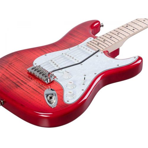  Monoprice Indio Cali DLX Flamed Maple Top Electric Guitar with Gig Bag Trans Red
