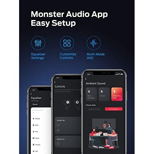  Monster Clarity 8.0 ANC Hybrid Active Noise Cancelling Wireless Earbuds, 42dB in-Ear Earphones Deep Bass with 6 Mics, Bluetooth 5.2, 50H Play Time with Wireless Charging Case for A