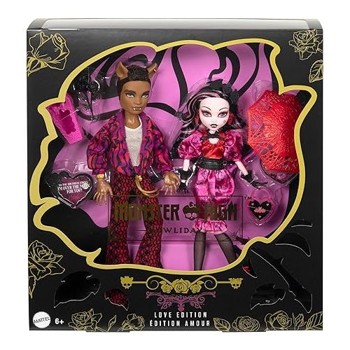 몬스터하이 Monster High Dolls, Draculaura and Clawd Wolf Howliday Love Edition Collector Two-Pack with Doll Stands and Displayable Packaging