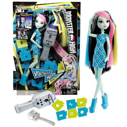 몬스터하이 Mattel Year 2015 Monster High 11 Inch Doll - VOLTAGEOUS HAIR FRANKIE STEIN with Electronic Hair Tool, Stencils, Yellow & Blue Extensions and Brush