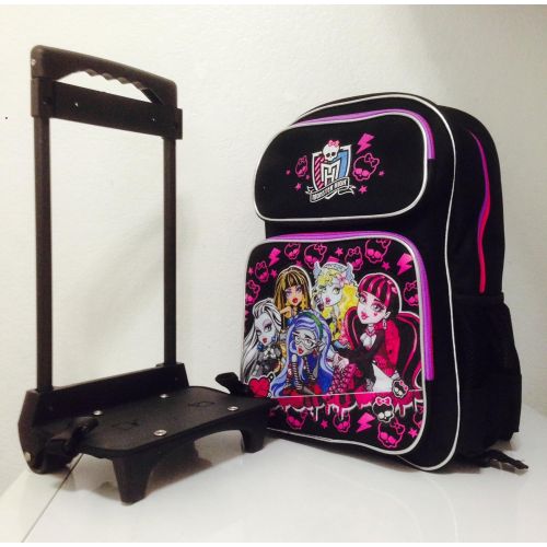 몬스터하이 Monster High Rolling Backpack with Detachable Wheeled Trolley 16 Black & Monster High Lunch Bag with Water Bottle