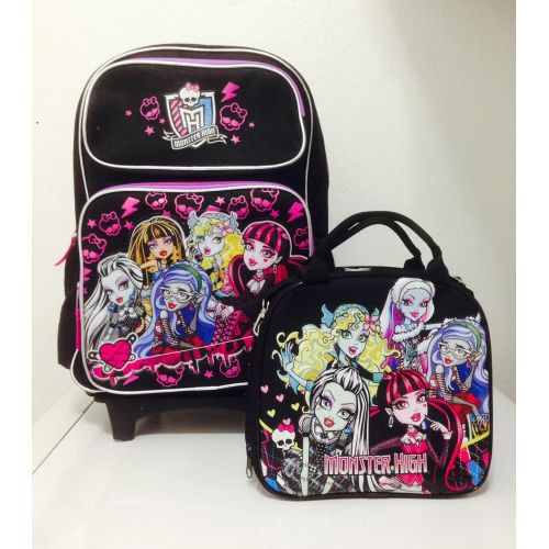 몬스터하이 Monster High Rolling Backpack with Detachable Wheeled Trolley 16 Black & Monster High Lunch Bag with Water Bottle