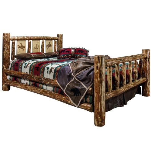  Montana Woodworks MWGCQBLZBRONC Glacier Country Collection Queen Bed with Laser Engraved Bronc Design Stain & Clear Lacquer Finish