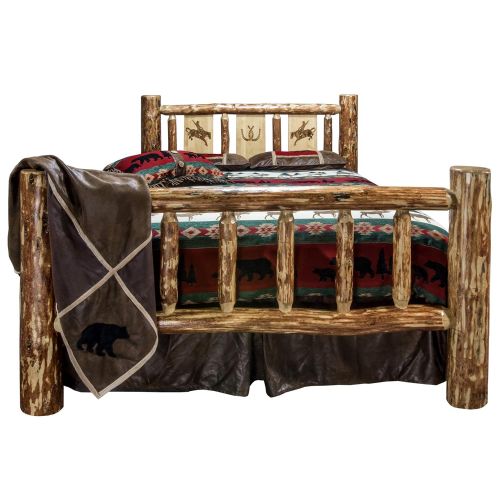  Montana Woodworks MWGCQBLZBRONC Glacier Country Collection Queen Bed with Laser Engraved Bronc Design Stain & Clear Lacquer Finish