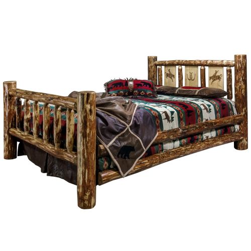  Montana Woodworks MWGCQBLZBRONC Glacier Country Collection Queen Bed with Laser Engraved Bronc Design Stain & Clear Lacquer Finish