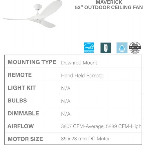  Monte Carlo 3MAVR52RZW Maverick II Energy Star 52 Outdoor Ceiling Fan with Remote Control, 3 Balsa Wood Blades, Matte White