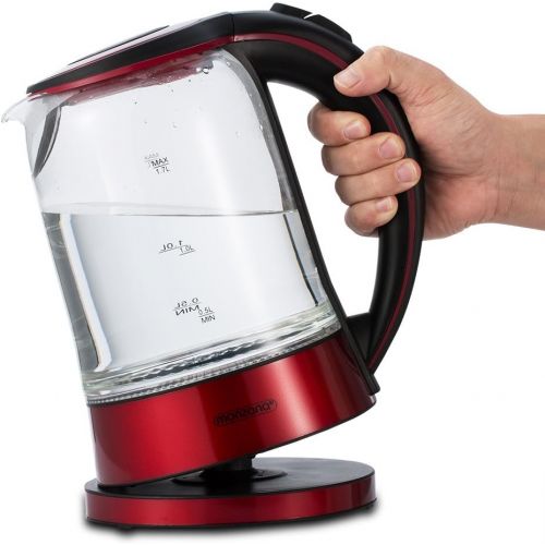  monzana Wasserkocher Edelstahl Teekocher Glas I Glas I LED I BPA frei I 1,7 L I kabellos I 2200W rot/schwarz I UEberhitzungsschutz I Wasserstandsanzeige