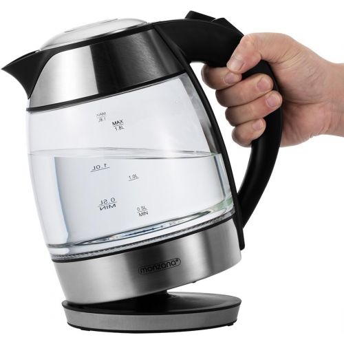  Monzana Wasserkocher Teekocher Edelstahl Kocher Glas LED BPA frei kabellos 1,8 Liter 2200 Watt 360° drehbarer Kontaktsockel