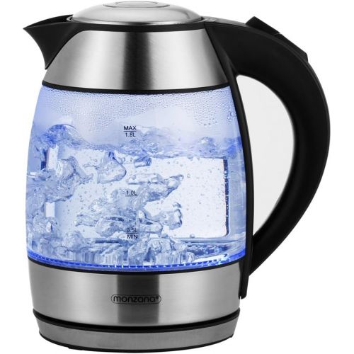  Monzana Wasserkocher Teekocher Edelstahl Kocher Glas LED BPA frei kabellos 1,8 Liter 2200 Watt 360° drehbarer Kontaktsockel