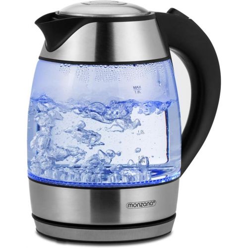  Monzana Wasserkocher Teekocher Edelstahl Kocher Glas LED BPA frei kabellos 1,8 Liter 2200 Watt 360° drehbarer Kontaktsockel