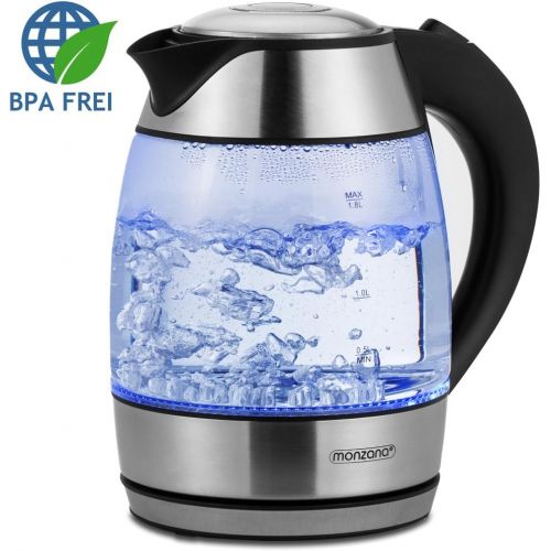  Monzana Wasserkocher Teekocher Edelstahl Kocher Glas LED BPA frei kabellos 1,8 Liter 2200 Watt 360° drehbarer Kontaktsockel