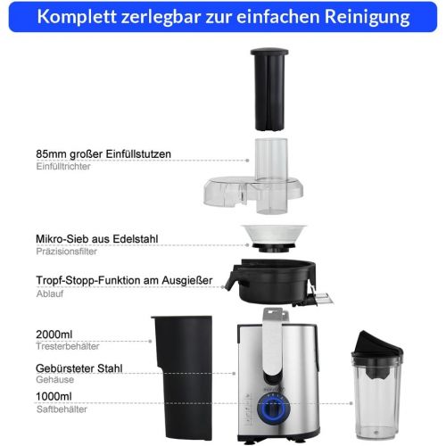  Monzana Entsafter Obst Gemuese Edelstahl max. 1100W grosse 85mm Einfuelloeffnung inkl. Reinigungsbuerste Rezeptheft Saftbehalter 3 Geschwindigkeitsstufen